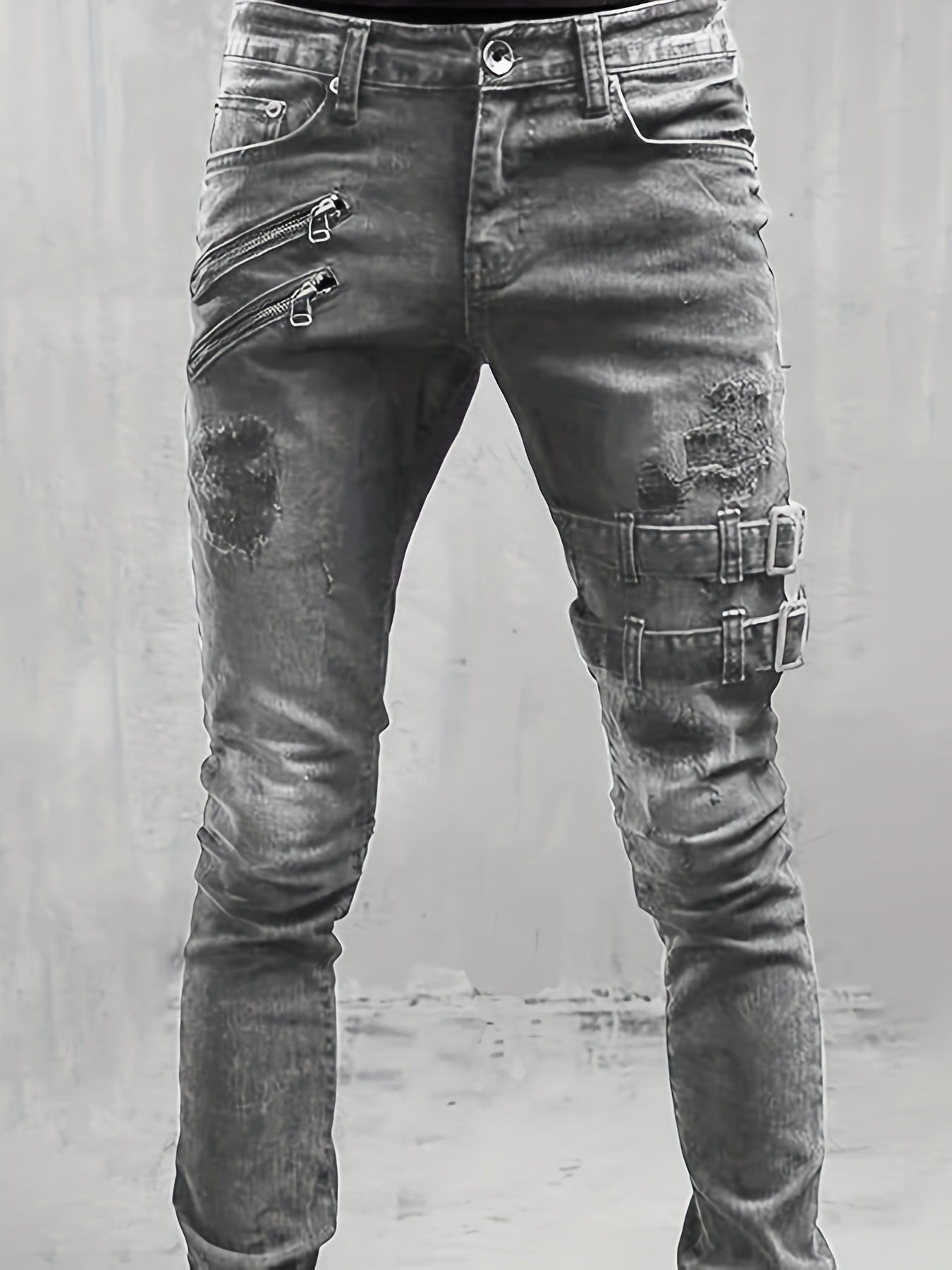 Slim Fit Ripped Biker Jeans Men's Casual Street Style
