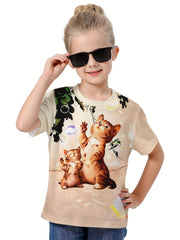 3D Kitty Print T shirt for Girls Boys Summer Sports