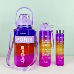 3pcs Gradient Clear Water Bottles 67oz, 25oz, 9oz Leakproof Cup with Time Scale