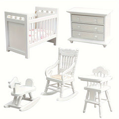 1:12 Scale Furniture Set Wooden Bed, Horse Rocker & Chair with Cabinet