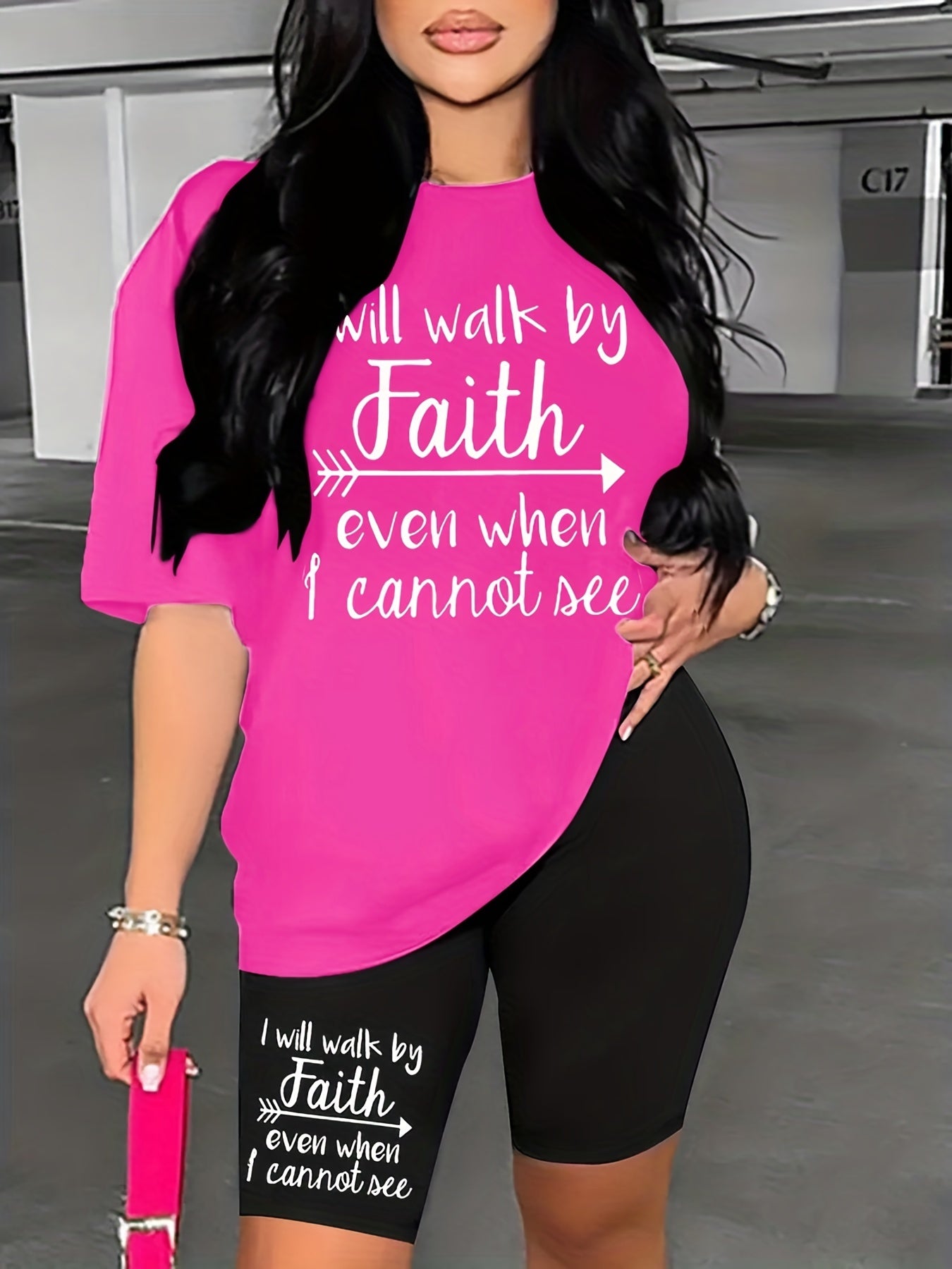 Letter Print Two piece Casual Short Sleeve T shirt & Skinny Shorts Set