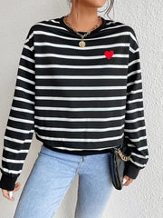 Stripe & Heart Print Pullover Sweatshirt Casual Long Sleeve Crew Neck Sweatshirt