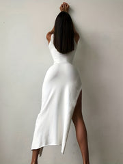 High Neck Bodycon Dress Sleeveless Side Slit Casual Dress