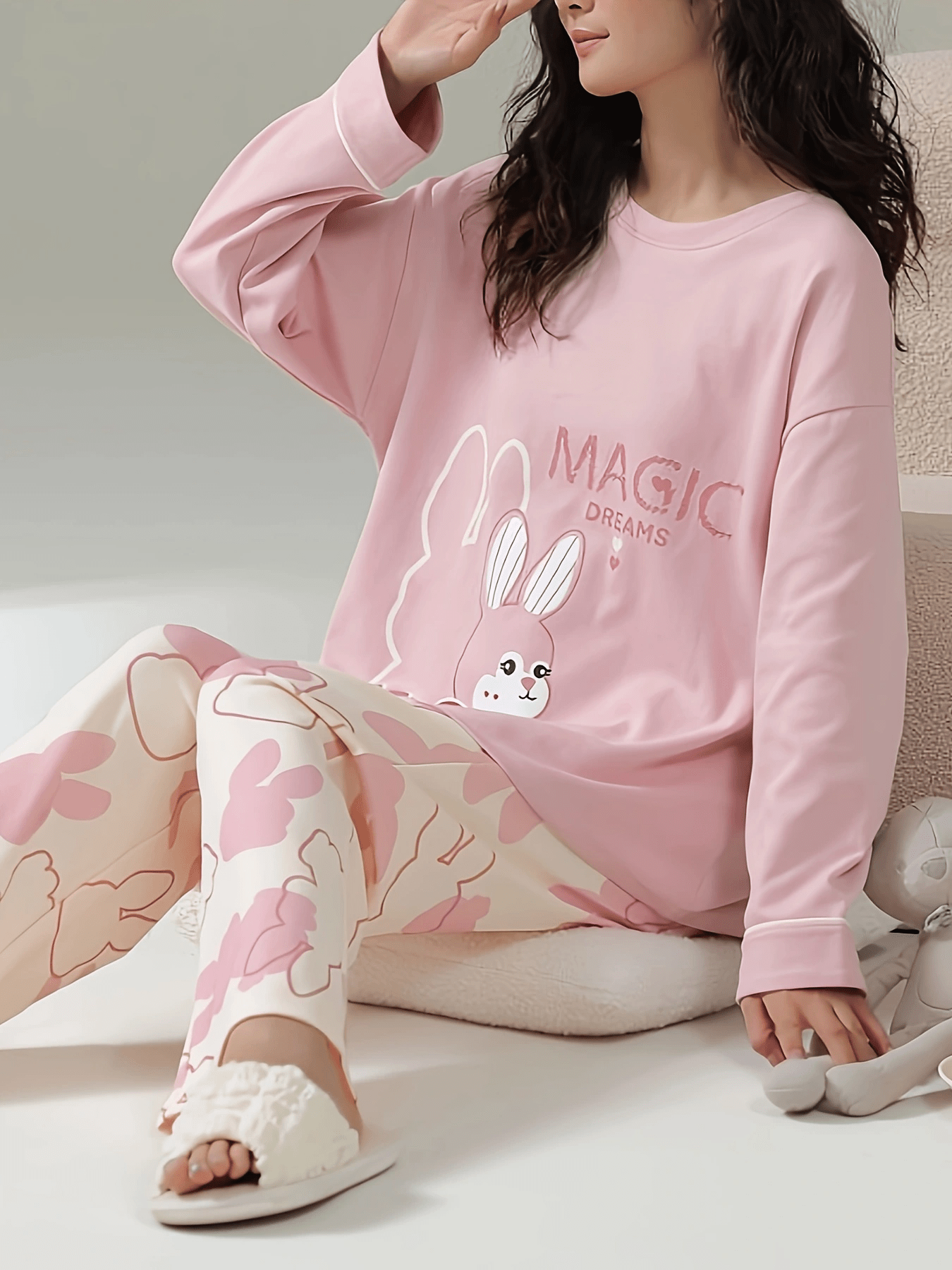 Bunny Print Pajama Set Long Sleeve Crew Neck Top & Pants