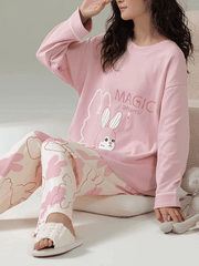 Bunny Print Pajama Set Long Sleeve Crew Neck Top & Pants