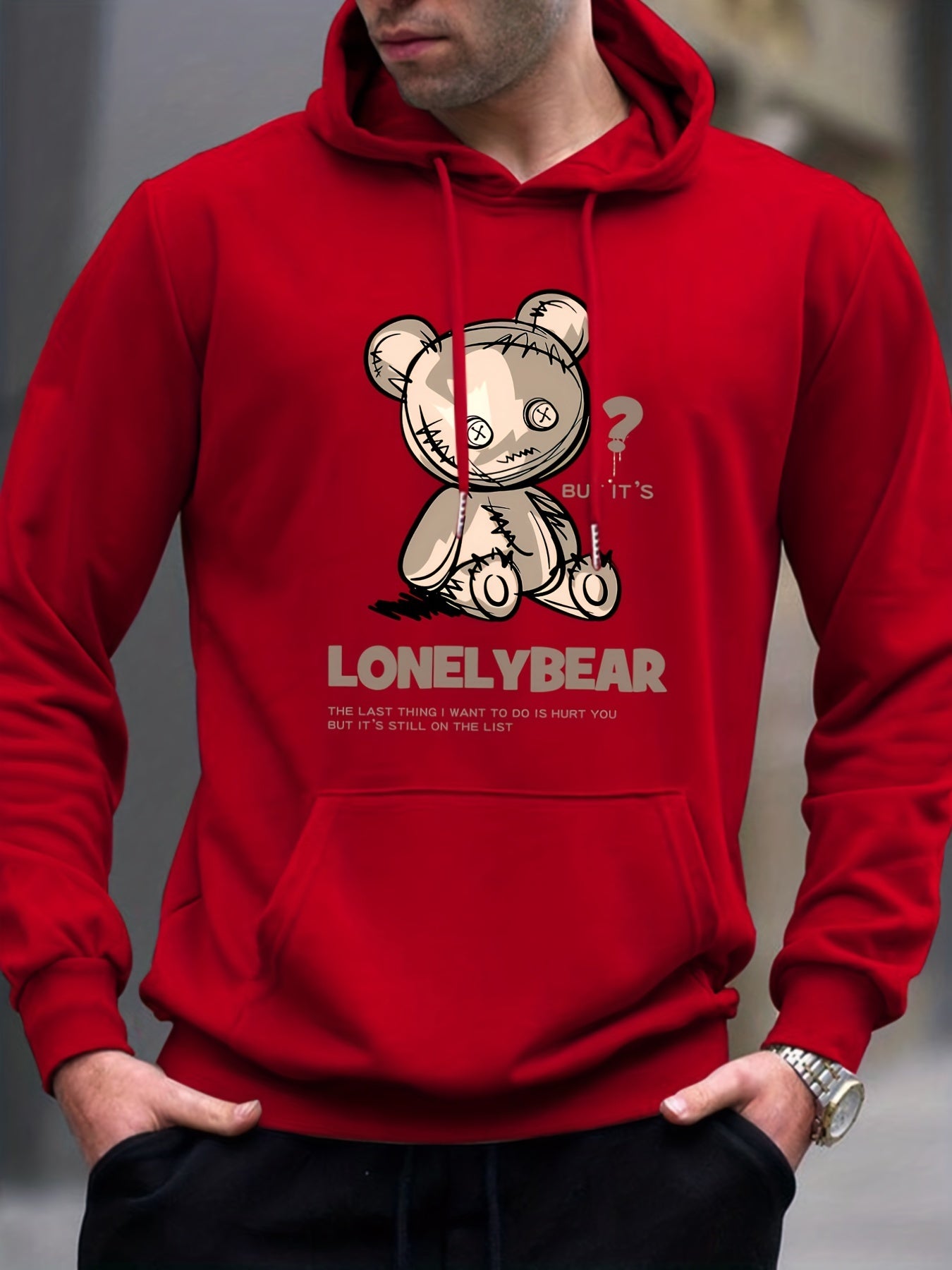Lonely Bear Print Hoodie Pullover Sweatshirt Men Streetwear