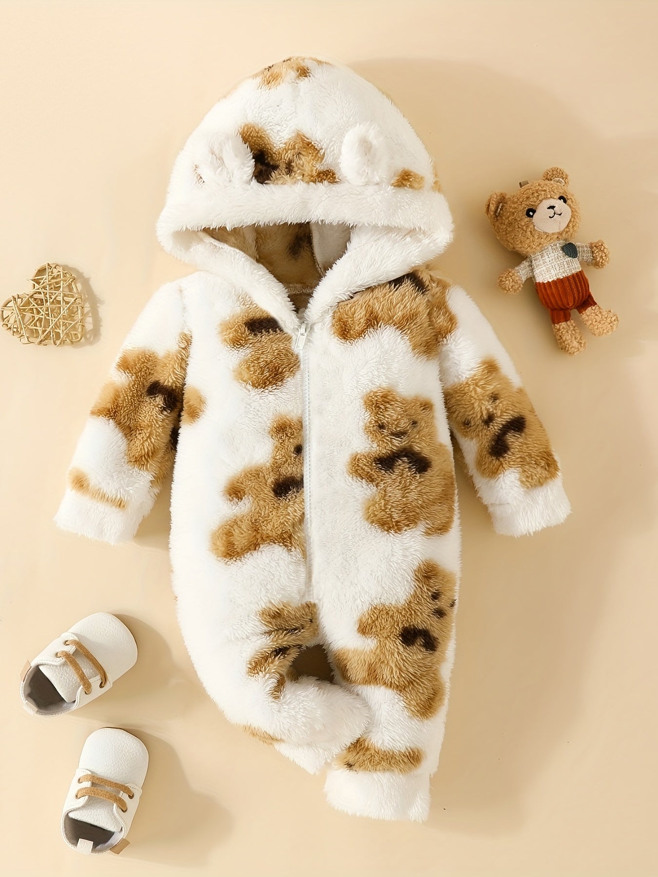 Furry Bear Hooded Baby Jumpsuit with Ears