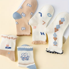 5 Pairs Girl's Knitted Crew Socks Cotton Blend Comfy Breathable Soft