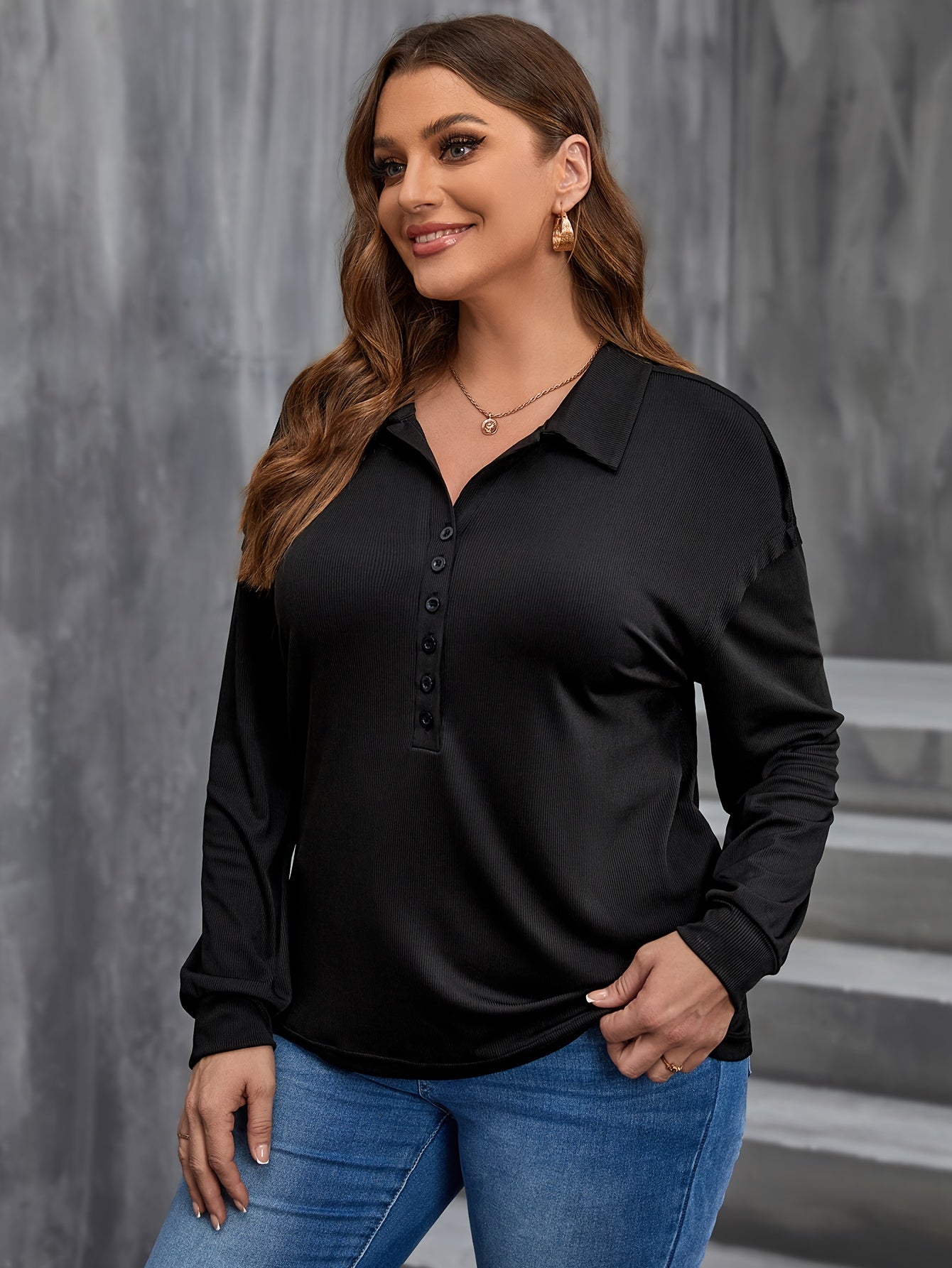 Casual Blouse Women's Plus Solid Long Sleeve Polo Neck Blouse