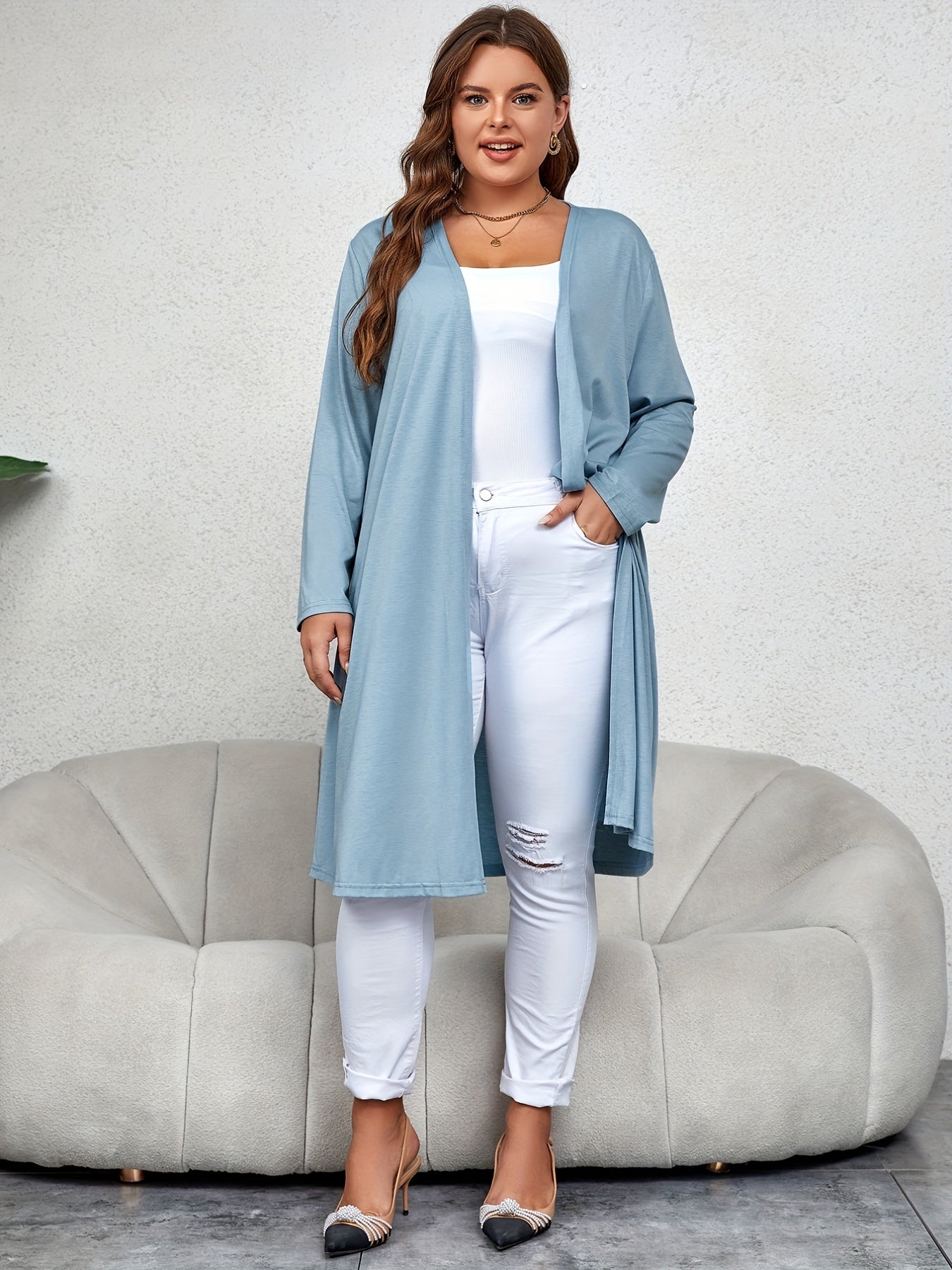 Solid Open Front Long Sleeve Cardigan