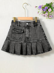 Girls Denim Mini Skirt with Elastic Waist & Pockets - Summer A-line Pleated