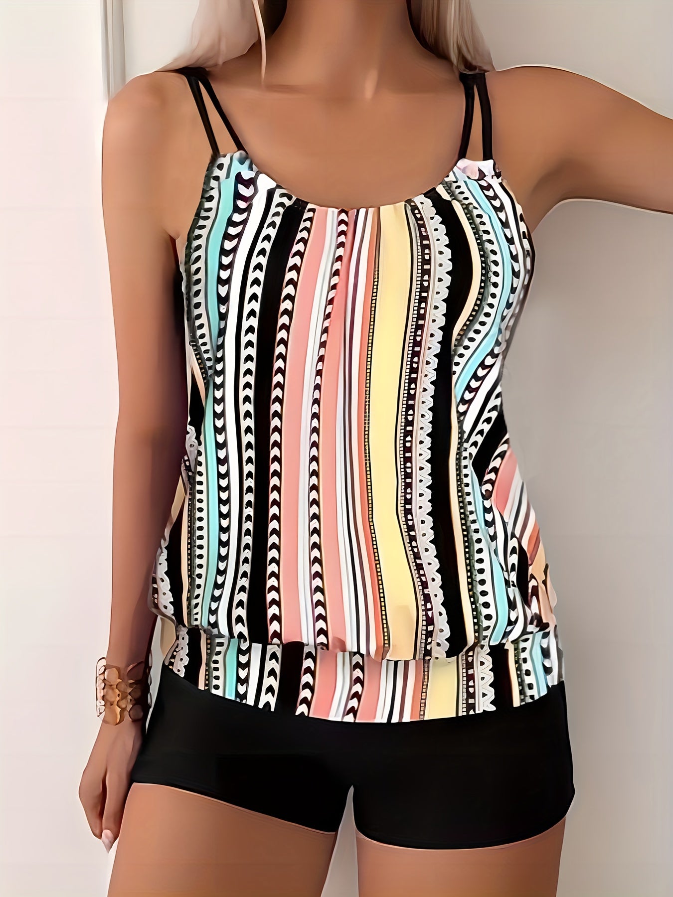Striped & Polka Dot Tankini Set High Stretch Two Piece Swimsuit