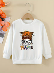 Halloween Portrait Graphic Sweatshirt For Girls Round Neck Comfy Fit