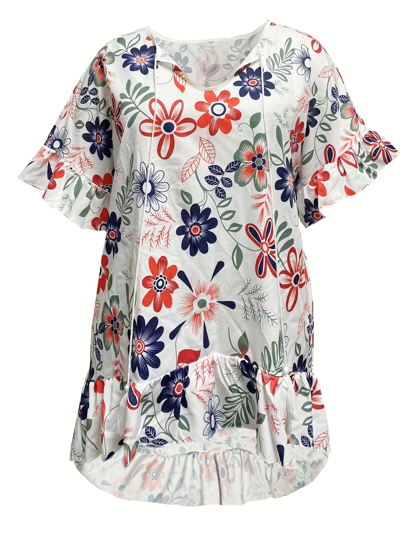 Plus Sunflower Print Ruffle Trim V Neck T shirt With Tassel Keyhole Tie