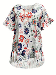Plus Sunflower Print Ruffle Trim V Neck T shirt With Tassel Keyhole Tie