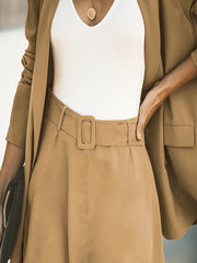 Solid Long Sleeve Double Breast Button Blazer & Shorts Suit Set