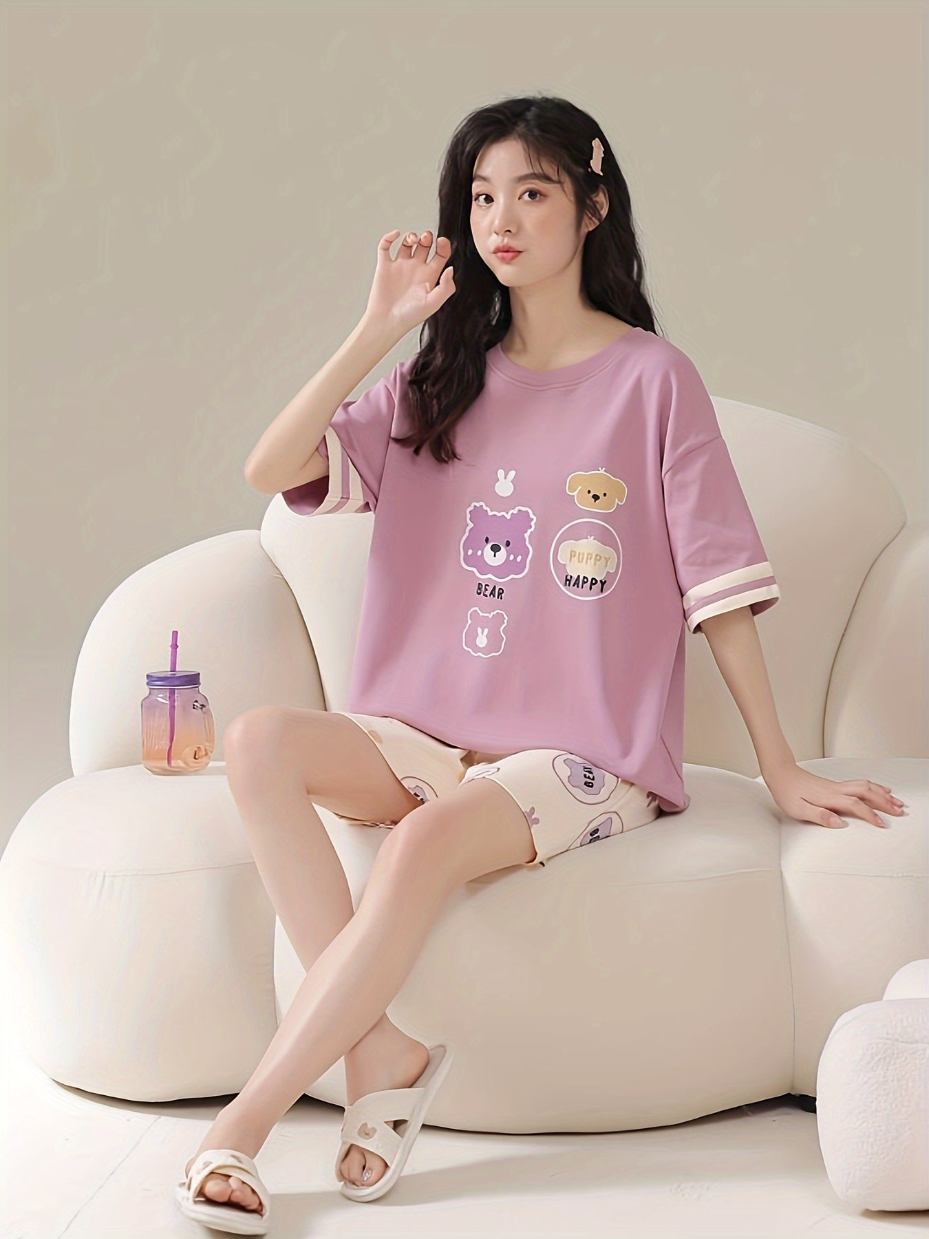 Bear Print Pajama Set Crew Neck Short Sleeve Top & Shorts