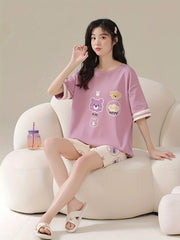 Bear Print Pajama Set Crew Neck Short Sleeve Top & Shorts