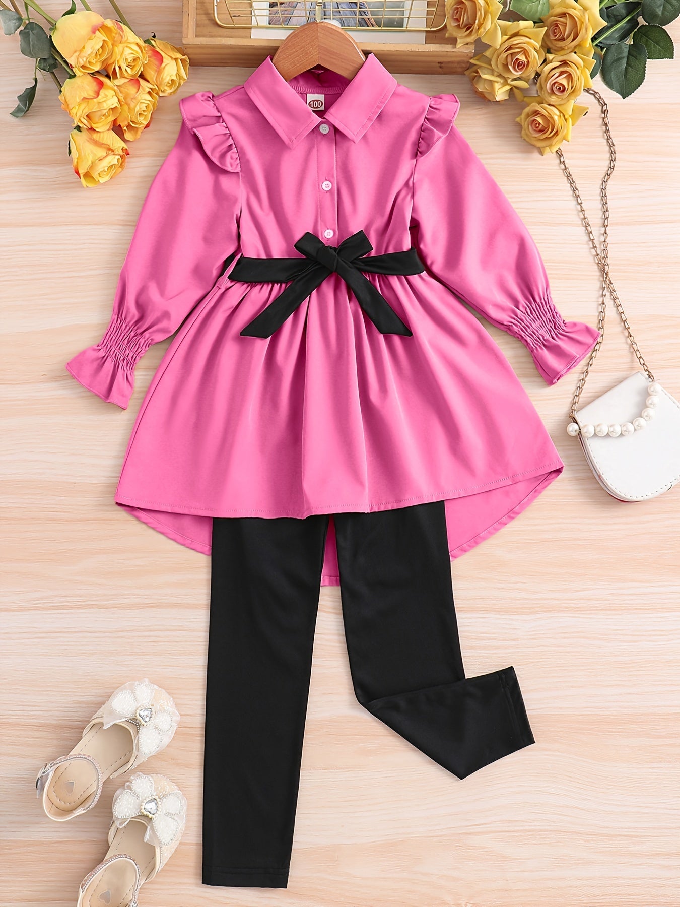 Girl's Lapel Top & Trousers Set With Belt