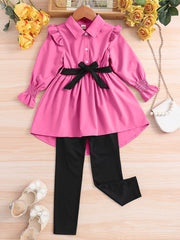 Girl's Lapel Top & Trousers Set With Belt