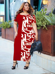 Colorblock Letter Print Slim Fit Round Neck Dress