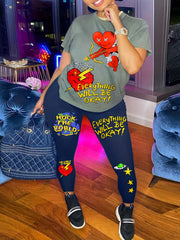 Casual Two Piece Set: Slogan Graphic Print Crop Top & Leggings Outfits