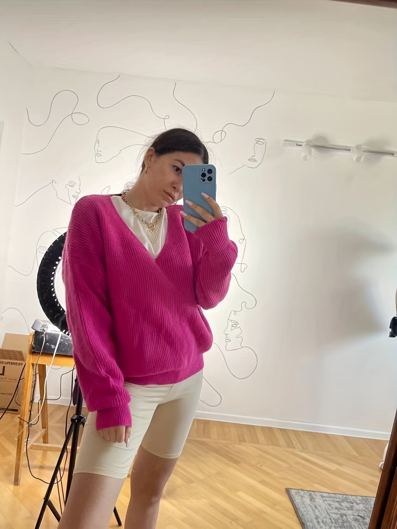 Casual V-Neck Sweater Long Sleeve Loose Fit