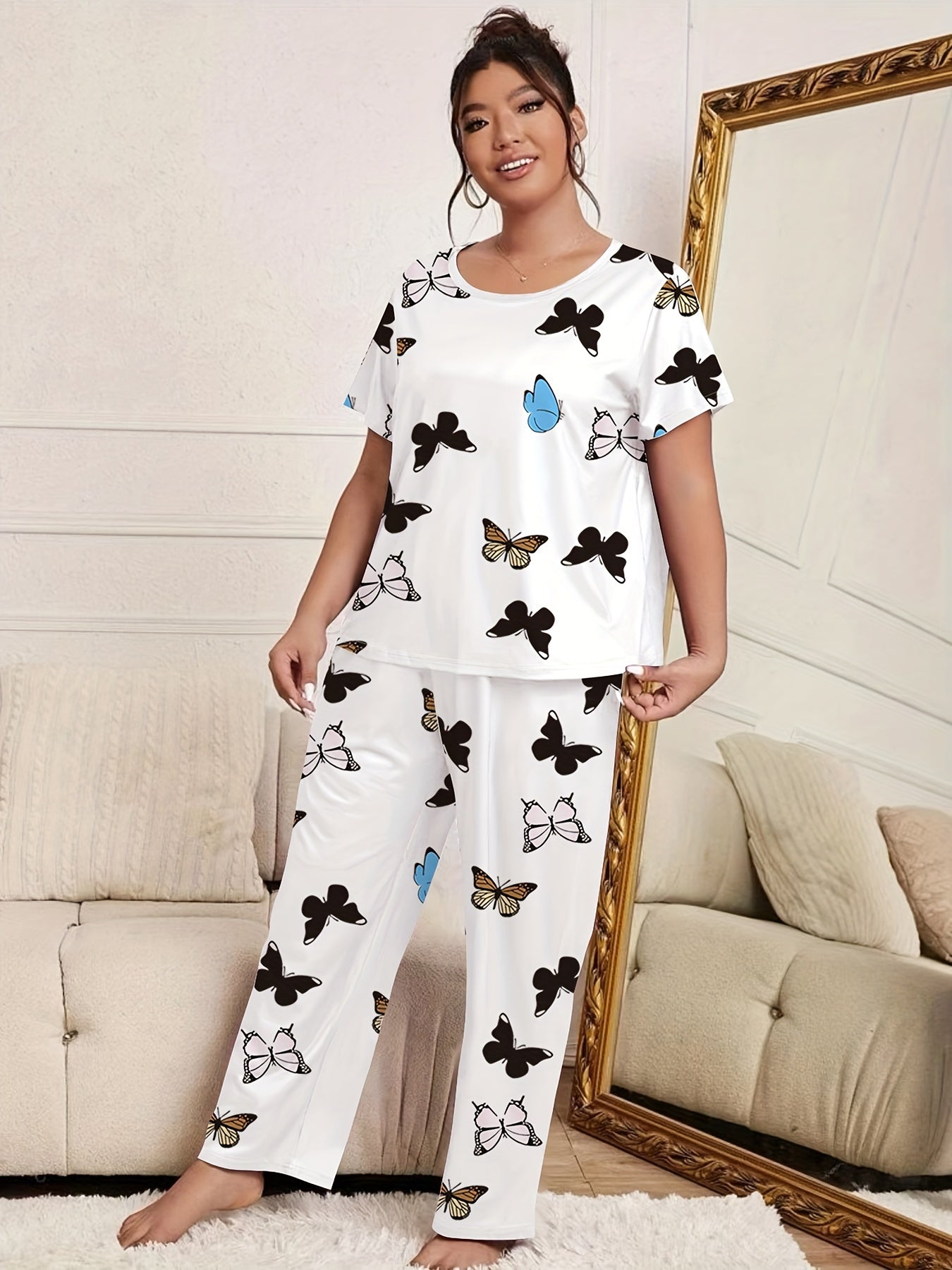 Butterfly Print Pajama Set Tee & Pants Lounge Two Piece Set