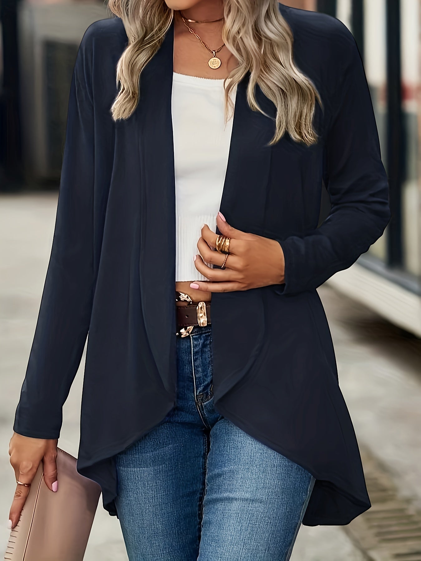 Solid Open Front Cardigan for Women