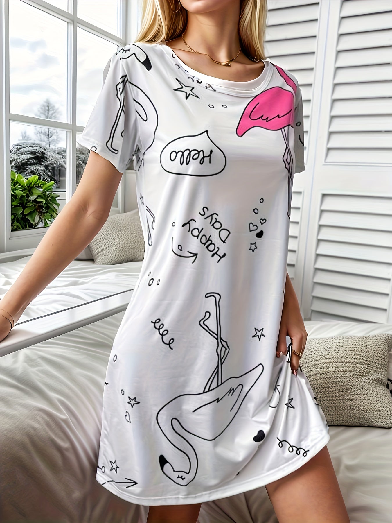Letter Cartoon Print NightDress Short Sleeve Pajama Dress