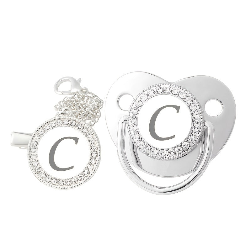 Silver Rhinestone Baby Letter Pacifier Nursing Mouth with Chain Clip