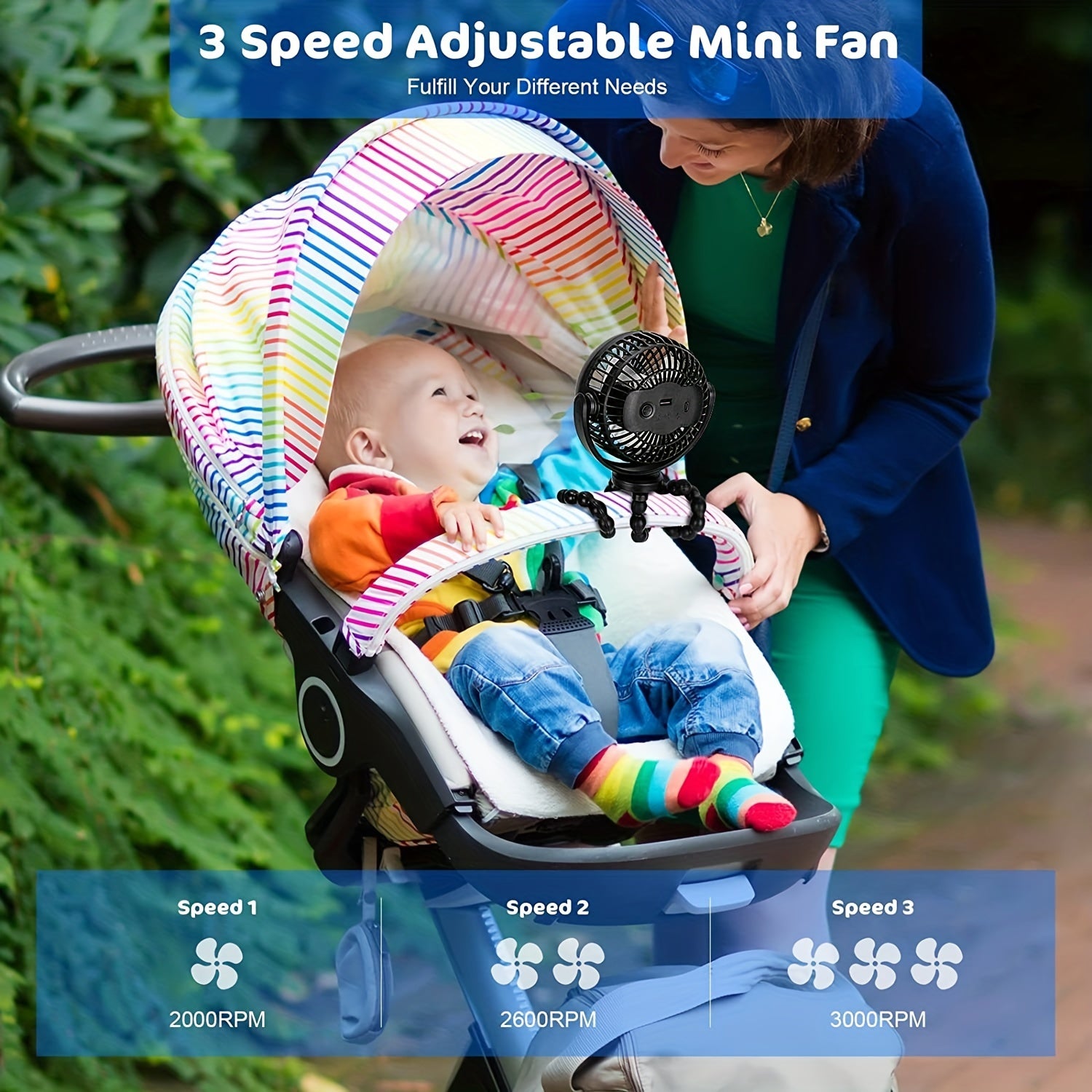 Portable Clip-On Baby Stroller Fan 360 Rotation Cooling Fan