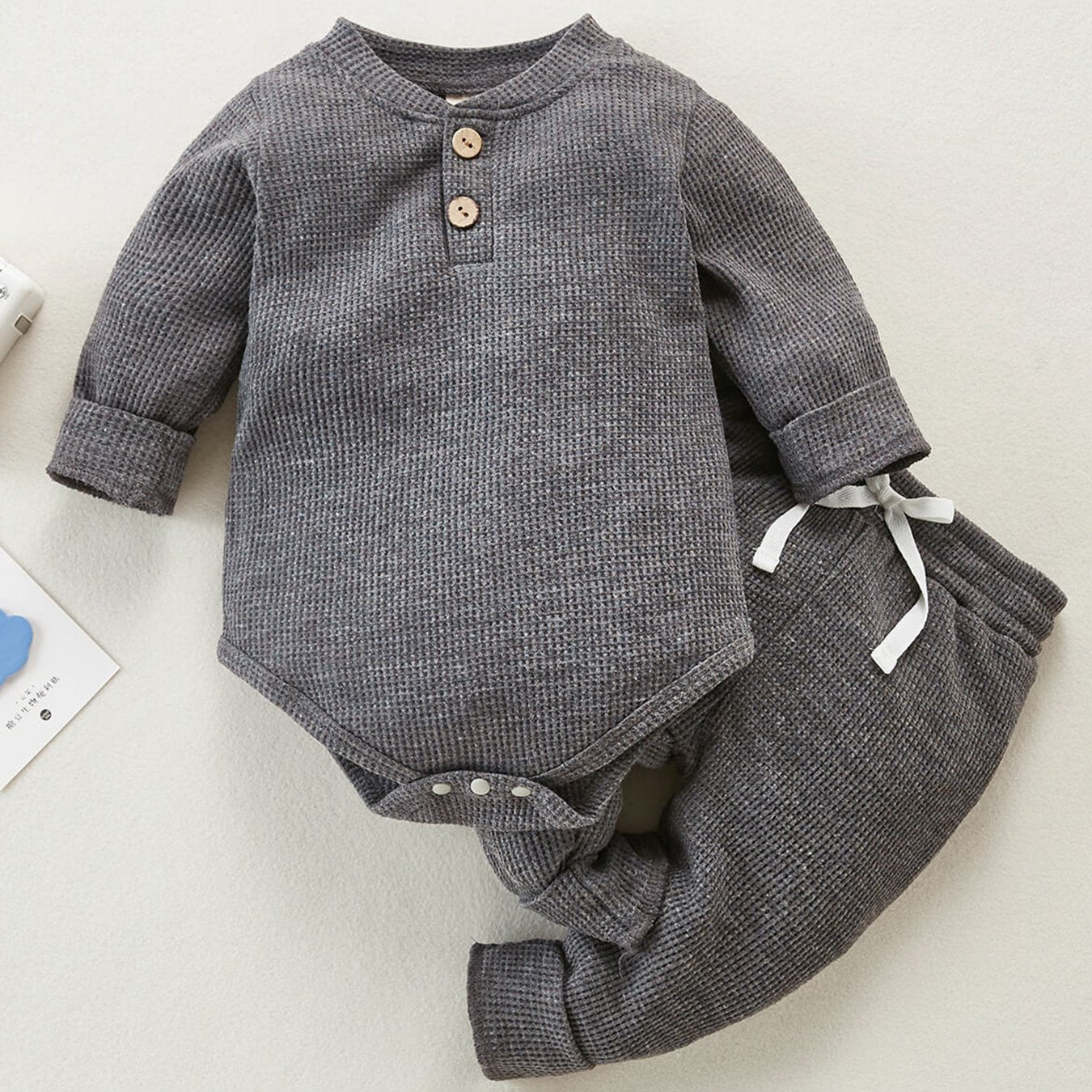 2pcs Unisex Newborn Baby Waffle Outfit Long Sleeve Button Tops