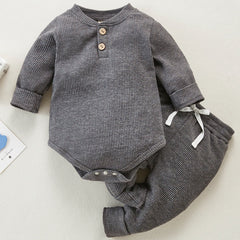 2pcs Unisex Newborn Baby Waffle Outfit Long Sleeve Button Tops