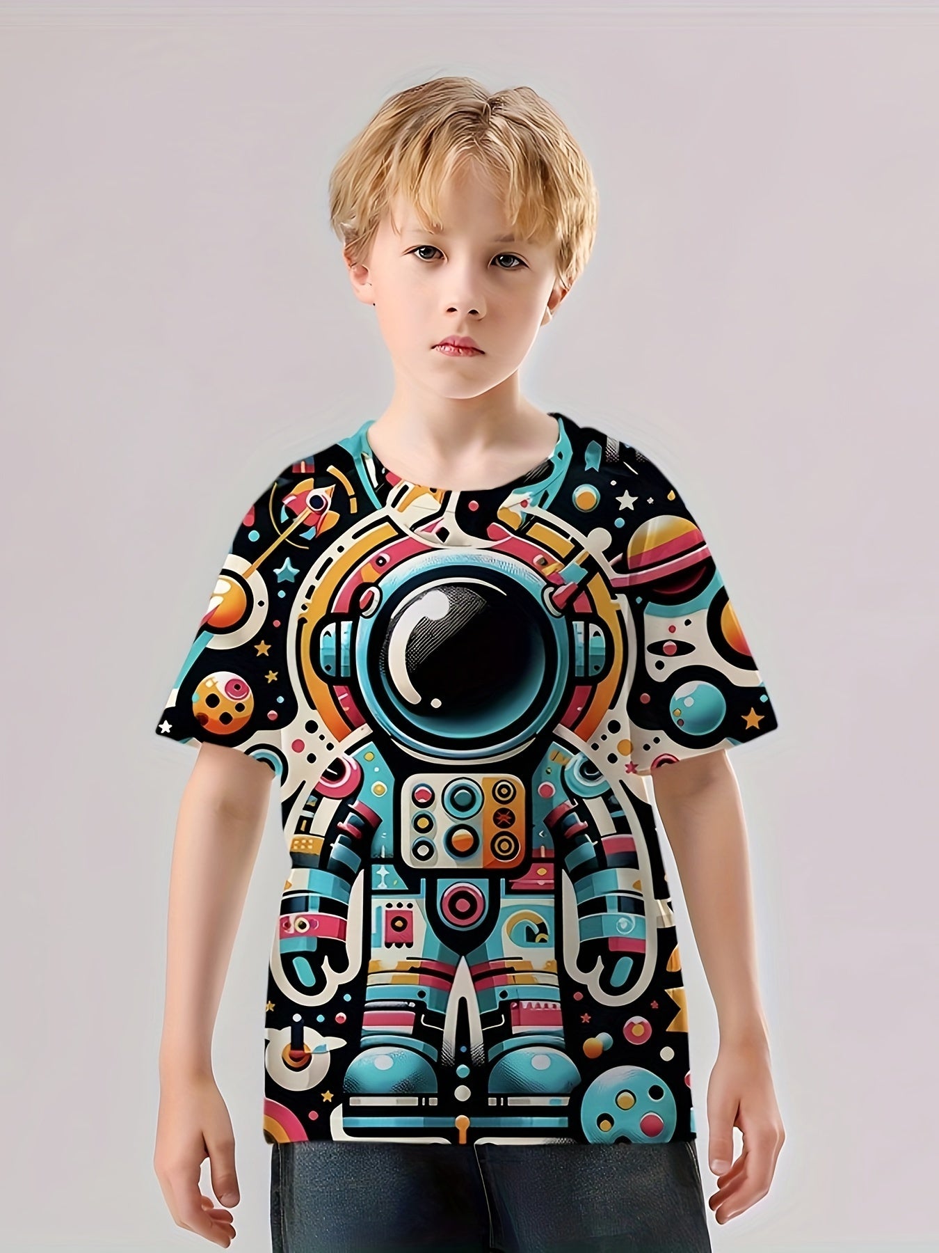 Cartoon Astronaut Print Boy's Tee Short Sleeve Crew Neck Comfy T shirt