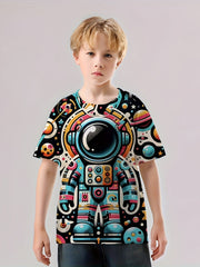 Cartoon Astronaut Print Boy's Tee Short Sleeve Crew Neck Comfy T shirt