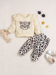 Baby Girls Cartoon Leopard Sweatshirt and Pants Set for Spring and Autumn