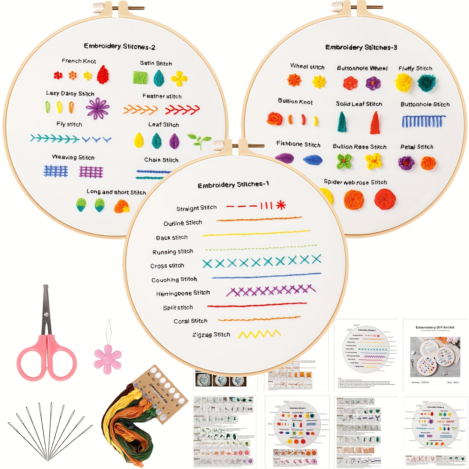 Embroidery Starter Kit Adults Embroidery Cloth Hoop Thread Needles Instruction