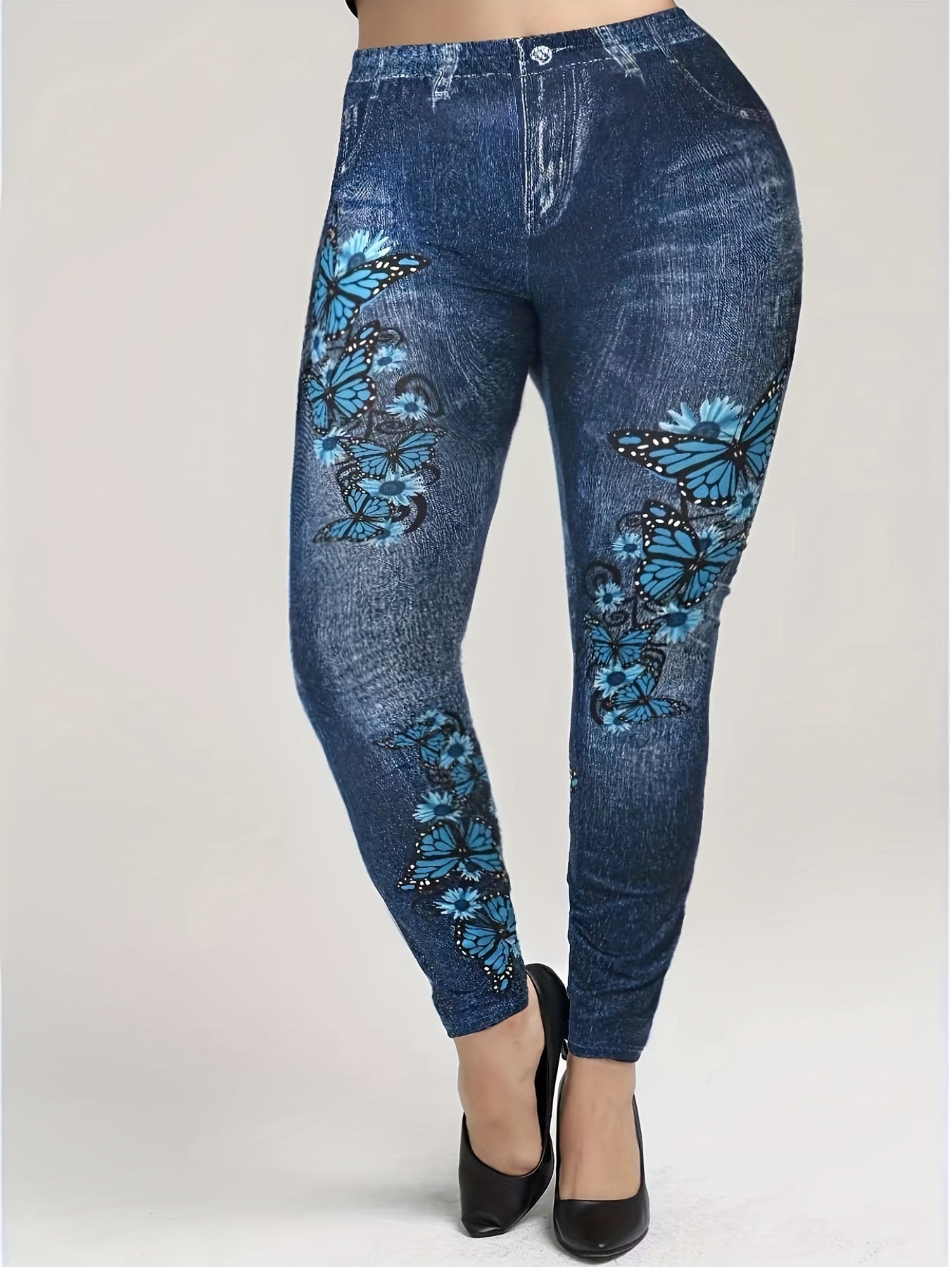 Denim & Butterfly Print Skinny Leggings Stretchy Women's Clothing