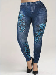 Denim & Butterfly Print Skinny Leggings Stretchy Women's Clothing