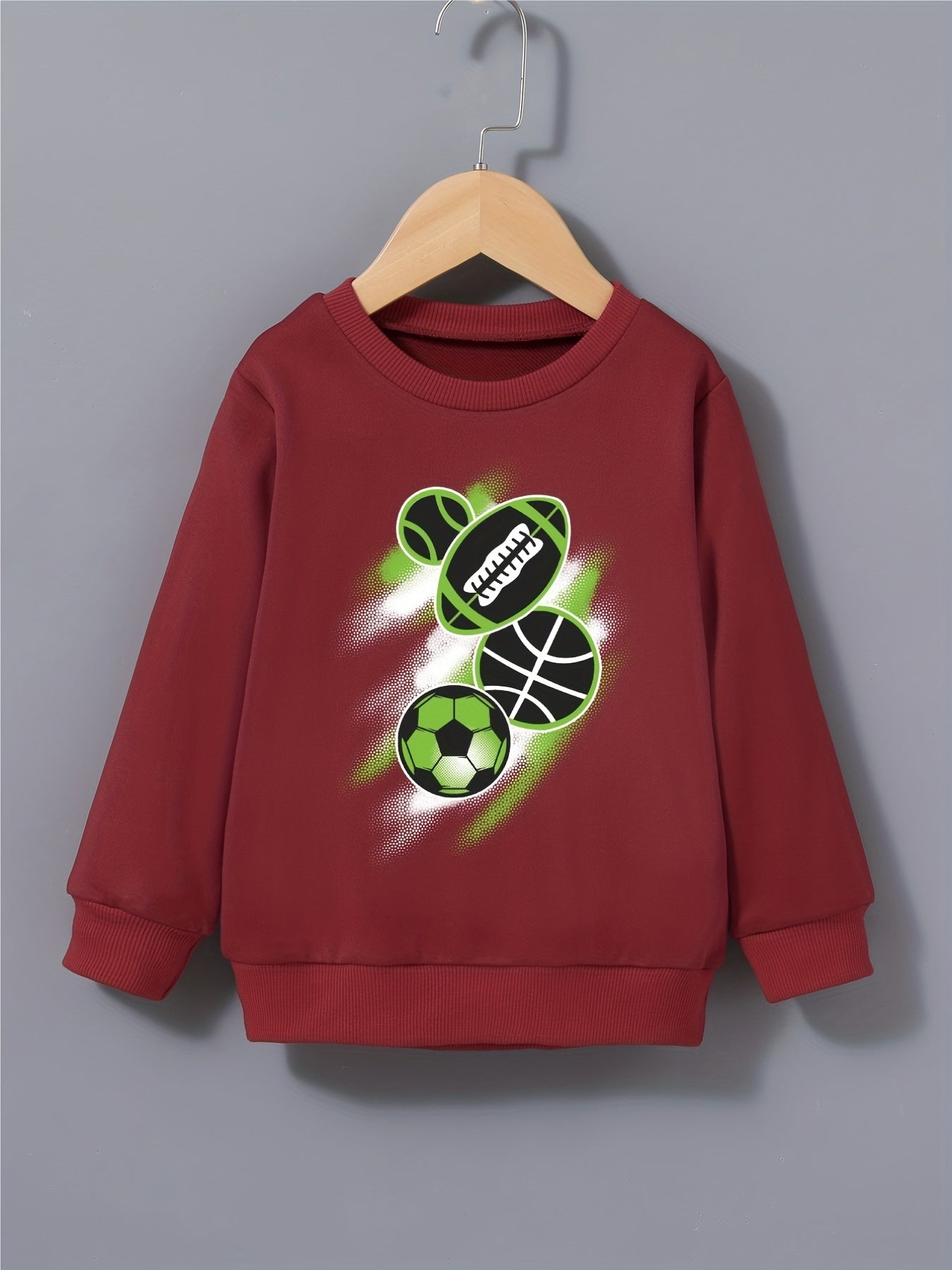 Ball Print Boys Pullover Sweatshirt Long Sleeve Crew Neck Tops Kids Clothing