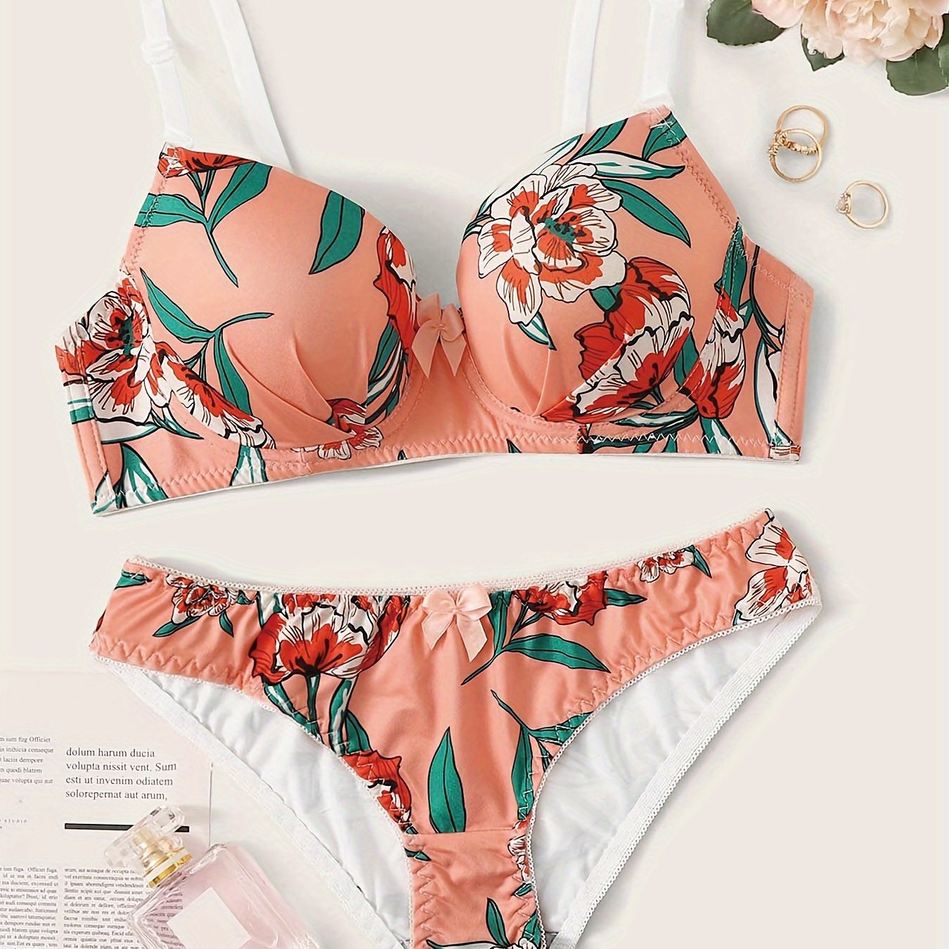 Floral Print Push Up Bra & Elastic Panties Set
