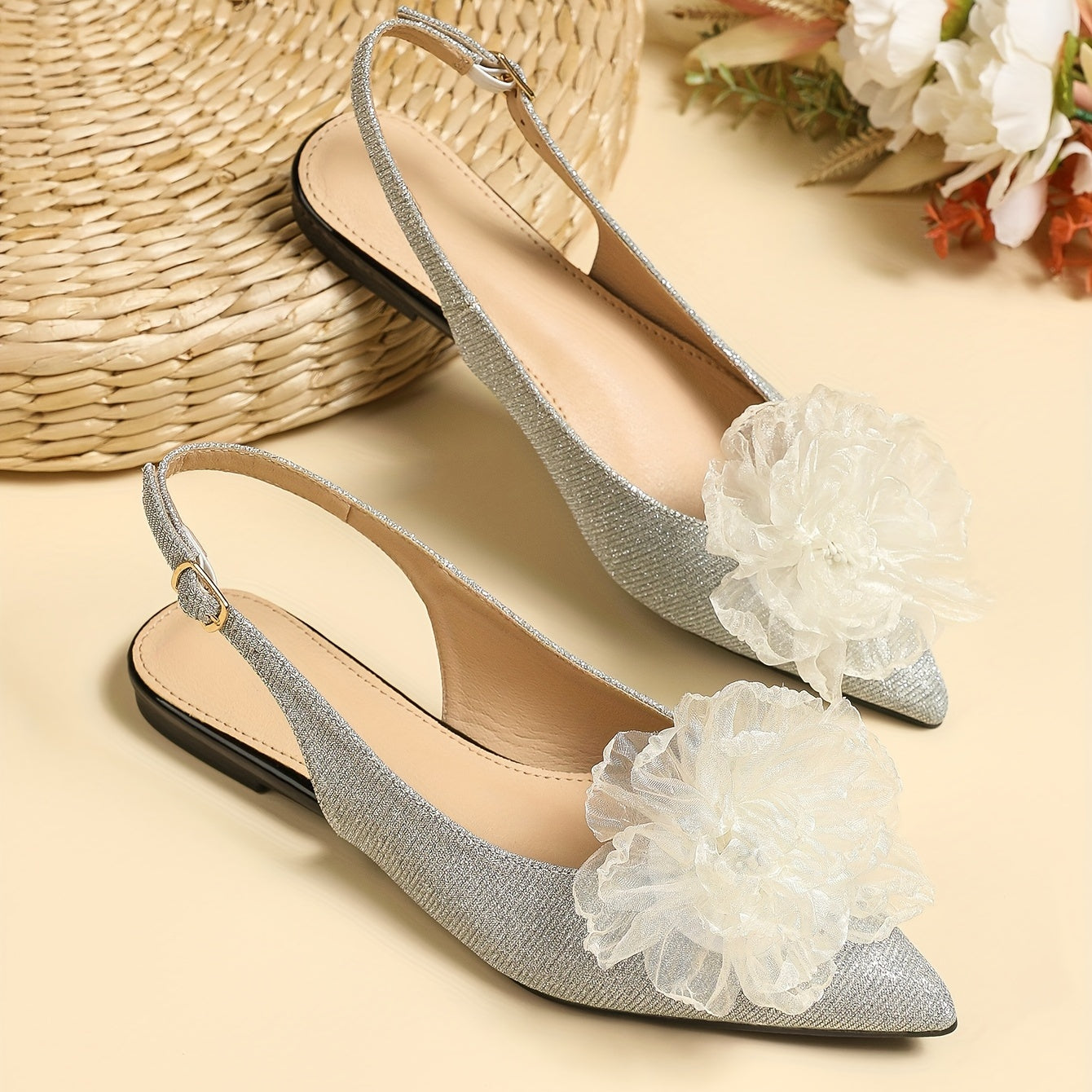 Women's Flower Decor Pointed Toe Flat Shoes