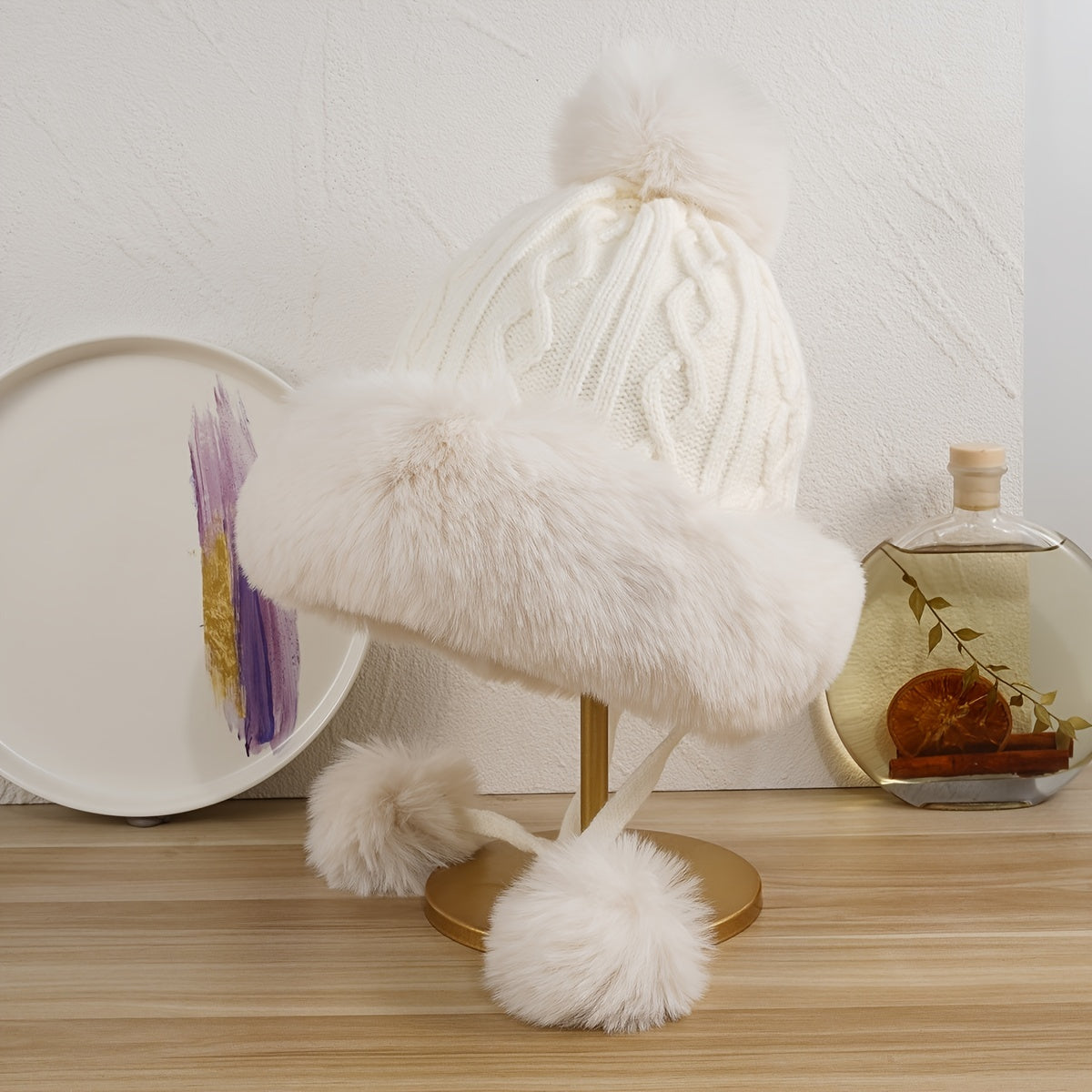 Rabbit Fur Knitted Ball Plush Thick Hat Solid Ear Protection Wool Hat
