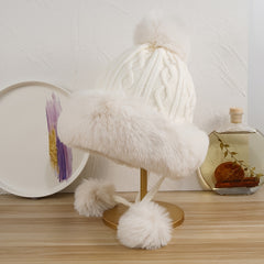 Rabbit Fur Knitted Ball Plush Thick Hat Solid Ear Protection Wool Hat