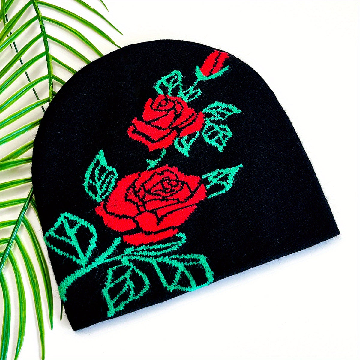 Red Rose Jacquard Beanie Hip Hop Knit Hat Elastic Windproof Warm Skull Cap