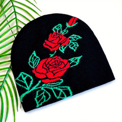 Red Rose Jacquard Beanie Hip Hop Knit Hat Elastic Windproof Warm Skull Cap