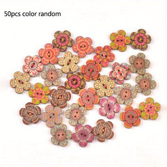 50pcs Painted Flowers Buttons Mixed Colors Wooden Buttons DIY Sewing Decoration
