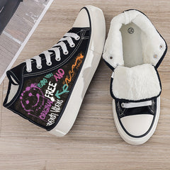 Smiling Graffiti Print Plush Lined Thermal Chunky Canvas Sneakers