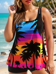 Boho Tankini Set Tropical Print Round Neck Cami Top & Shorts Swimsuit